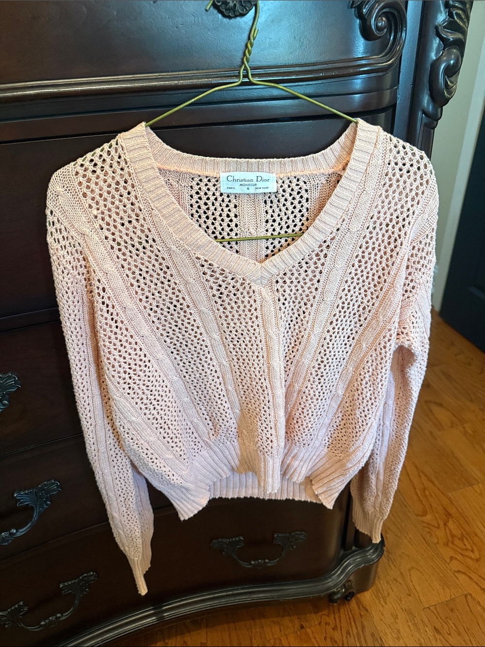 Dior Women's Pale Pink Open-Knit V-Neck Sweater